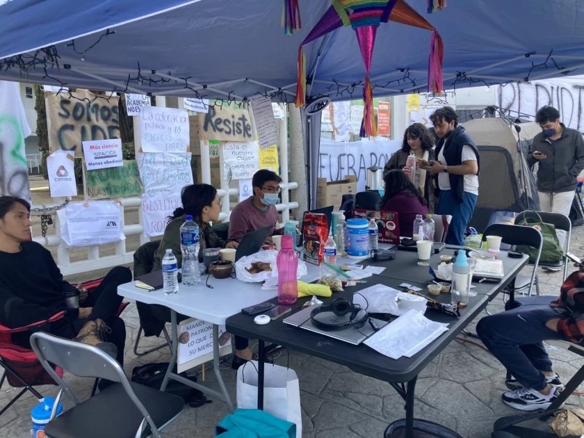 Students are camping out at the Mexico City campus of the Center for Research and Teaching in Economics, a public institution better known as the CIDE. (Leila Miller / Los Angeles Times)